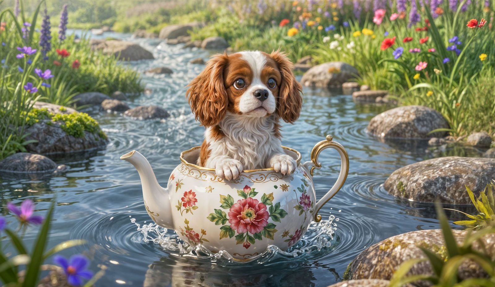 Cavalier Spaniel in Teapot on Sunlit River