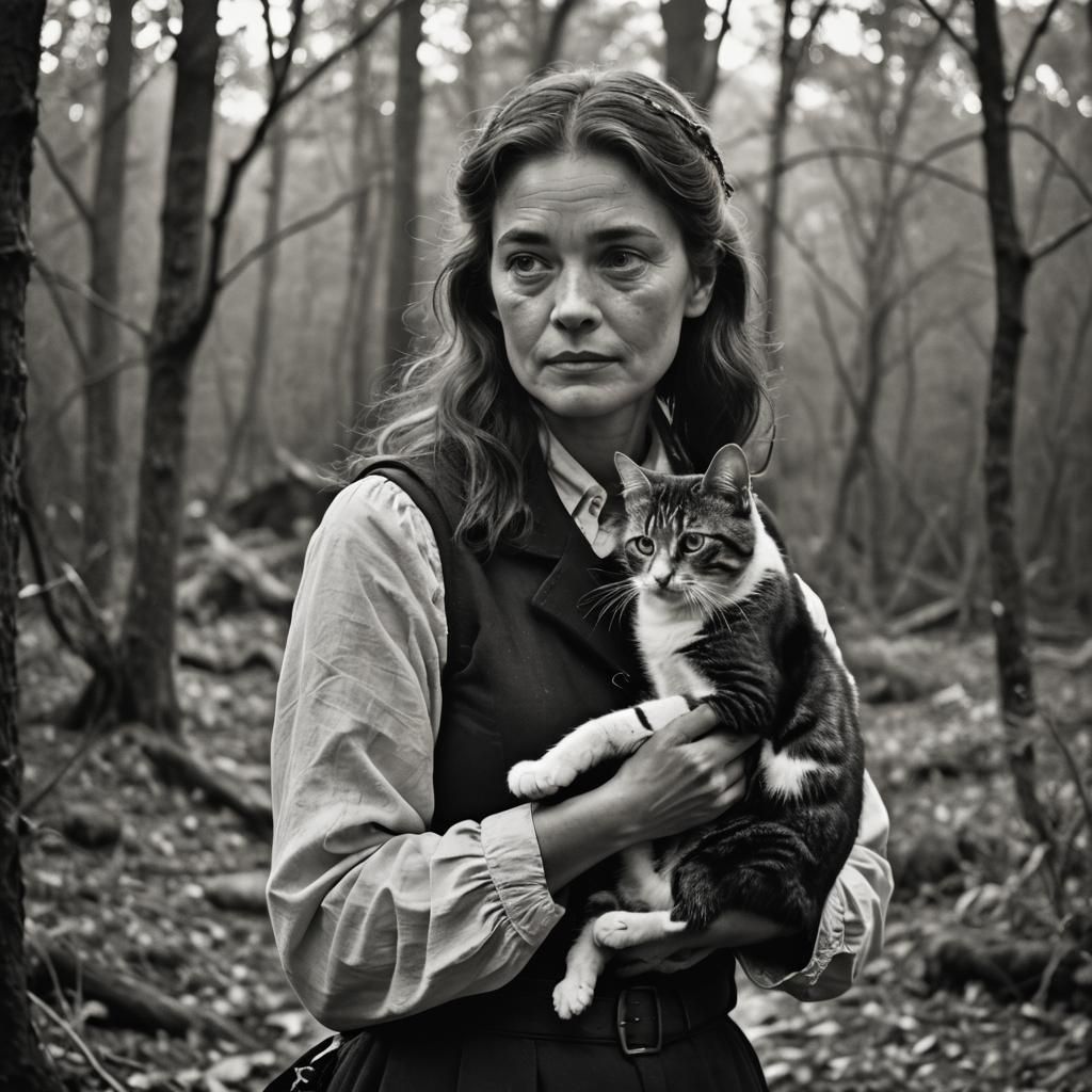 Elegant Lady with Cat in Black and White