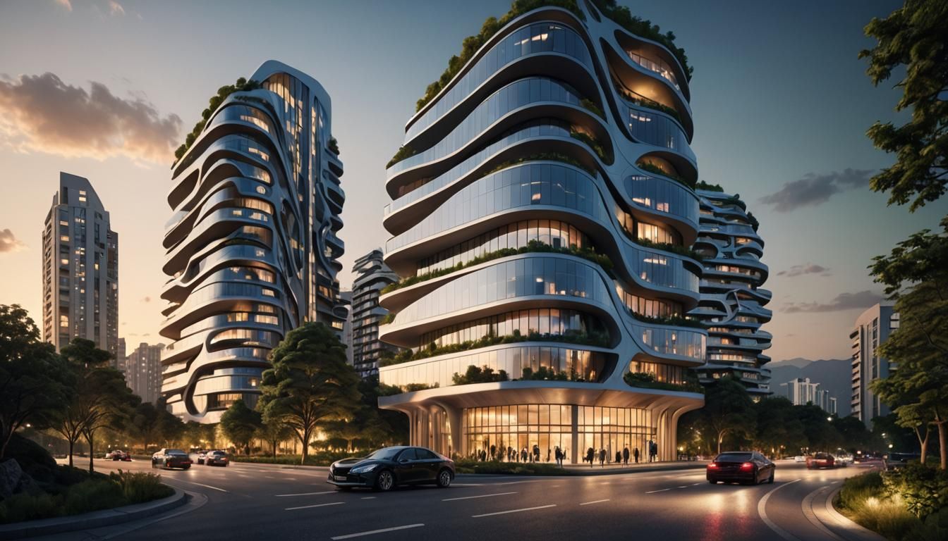 Futuristic Zaha Hadid Architecture at Sunset