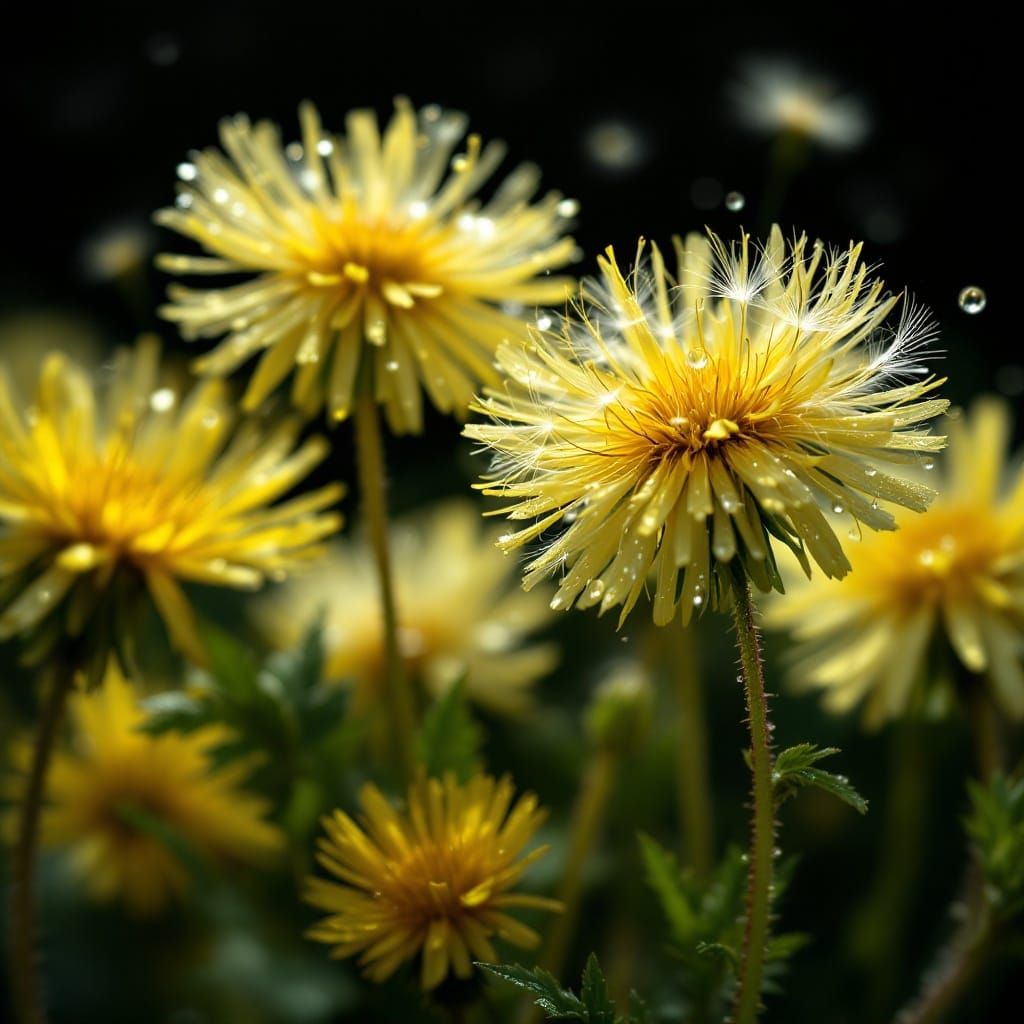 Whimsical Dandelions in Mysterious Black Background with Pla...