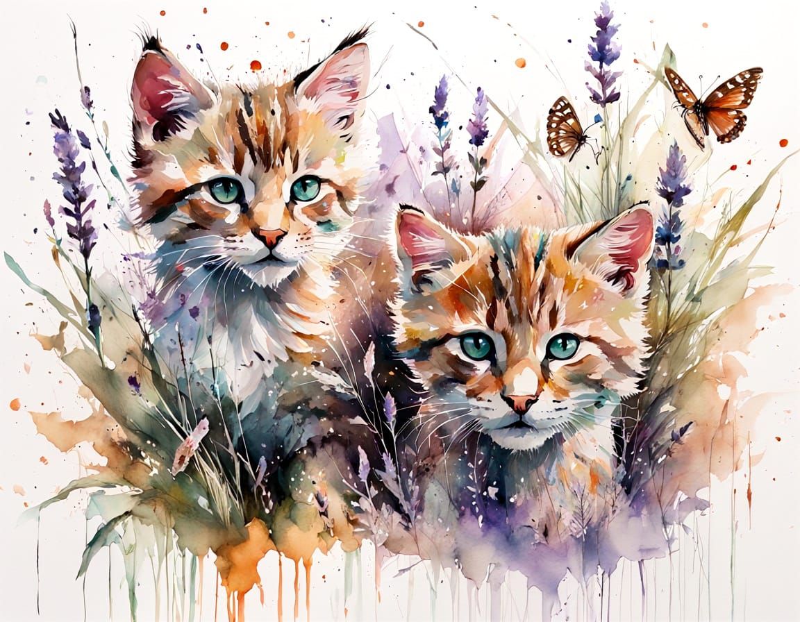 Pastel Cat Cubs in Dewy Spring Meadow Watercolour