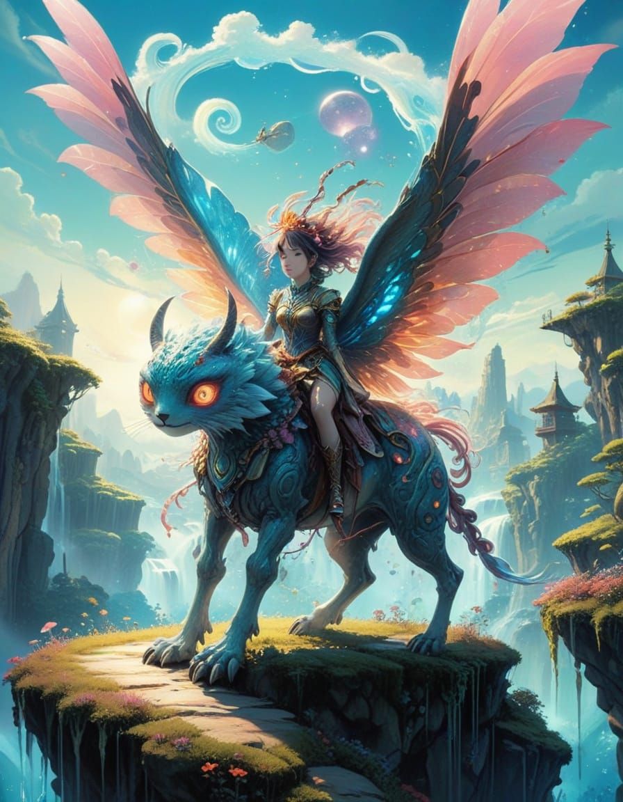 Whimsical Fantasy Garden Waterfall in Vibrant Watercolor