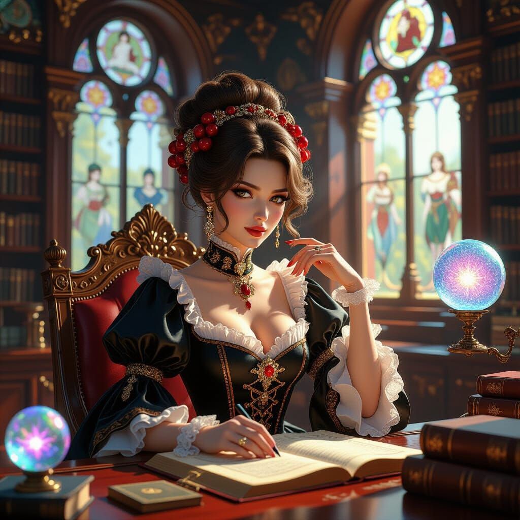 Victorian Lady with Cherry Hairstyle in Library