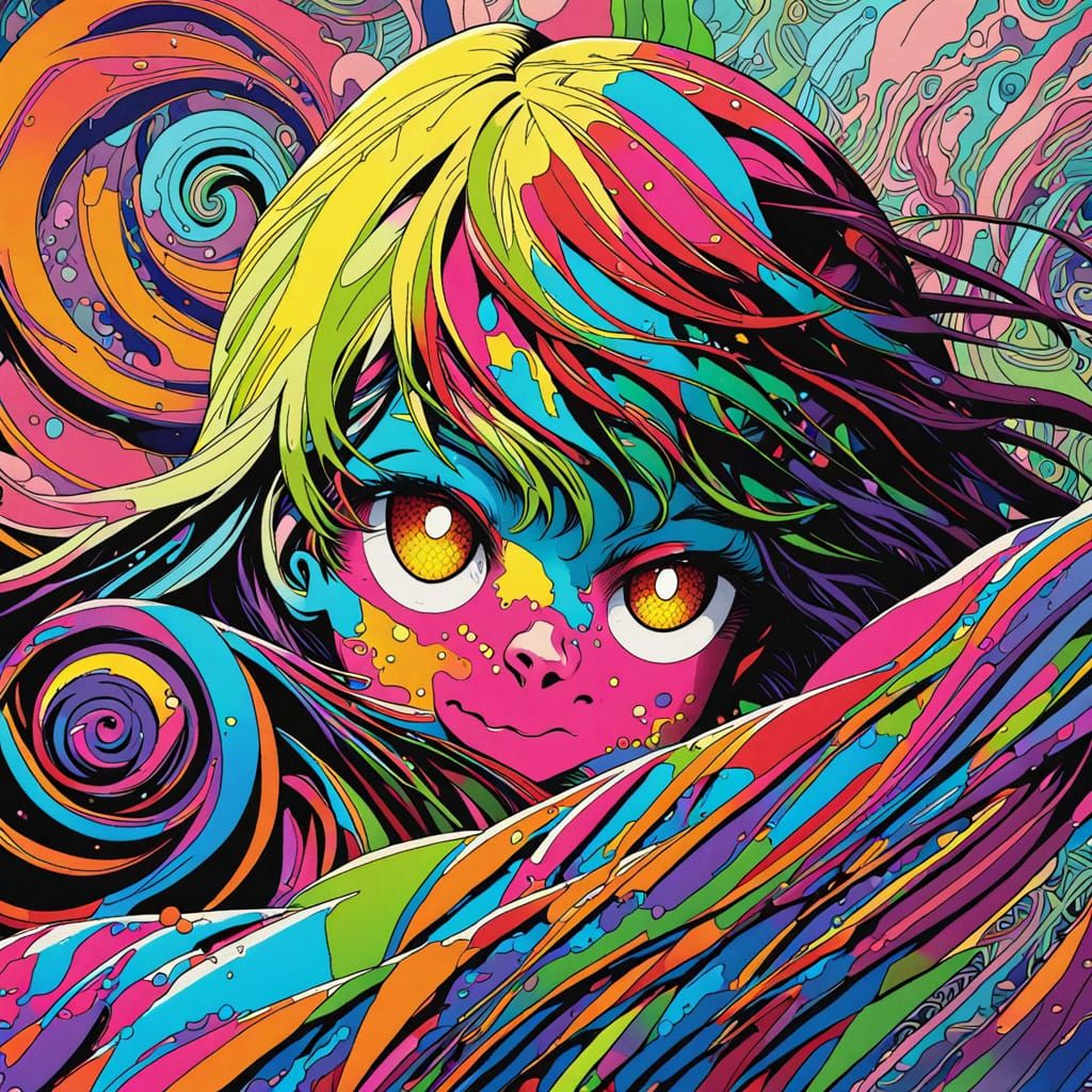 Manga Goddess Drenched in Vibrant Paint
