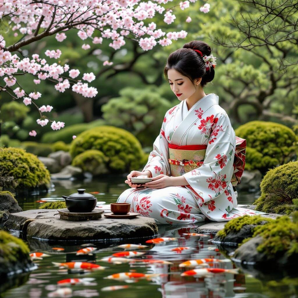 Tranquil Tea Ceremony by Koi Pond in Kimono