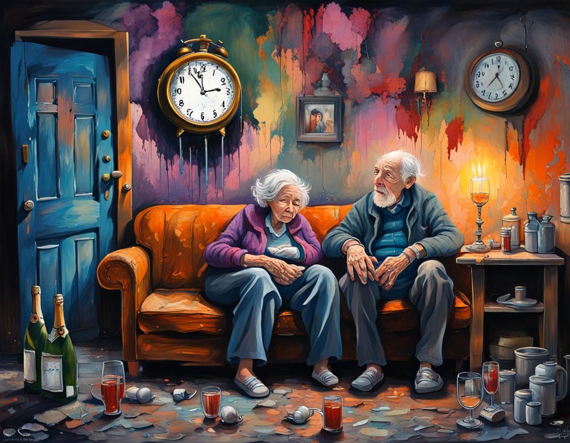 Elderly Couple Awaiting New Year in Graffiti Art Style