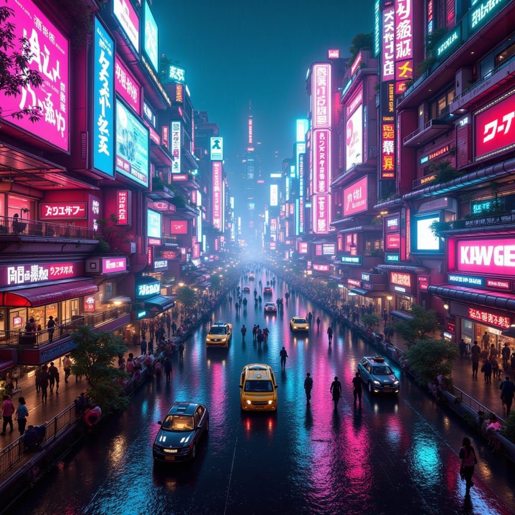 Cyberpunk Cityscape at Night in Heavy Rain