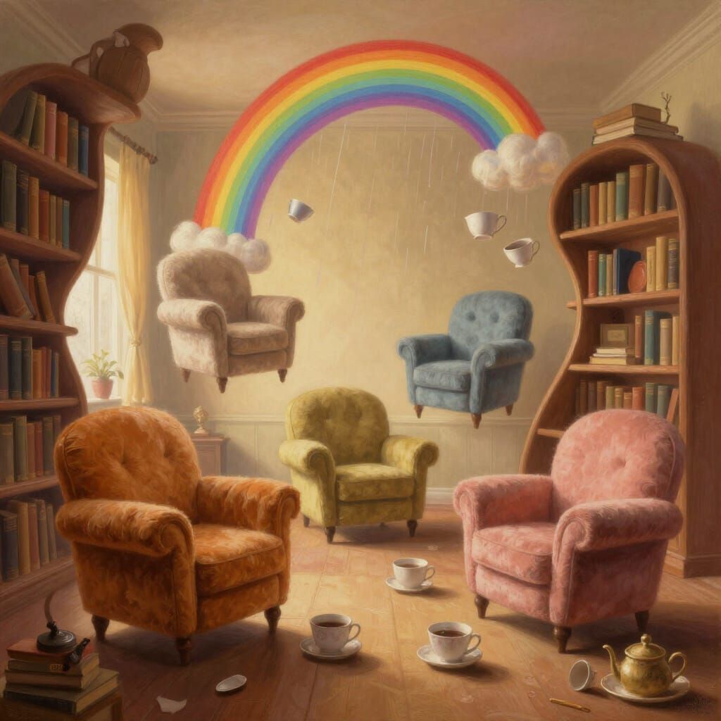 Surreal Cozy Room with Floating Armchairs and Rainbows