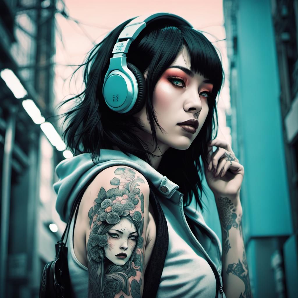 Gothic Japanese Woman in Monochromatic Neo-Pop Style