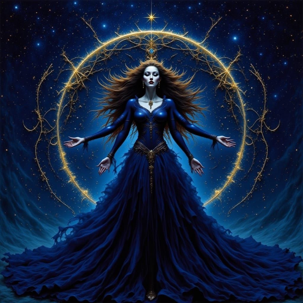 Golden-Haired Witch Goddess in Starry Sky