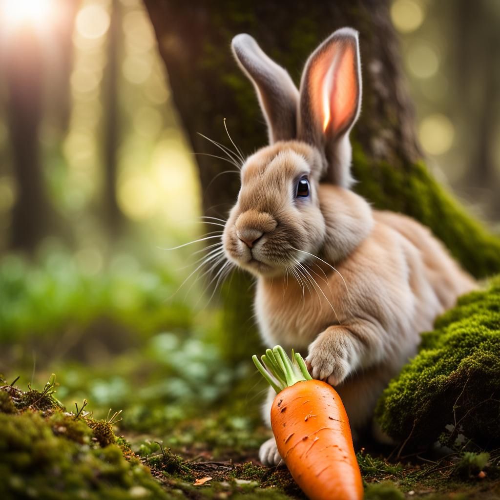 Bunny with Amber Eyes Munching Carrot