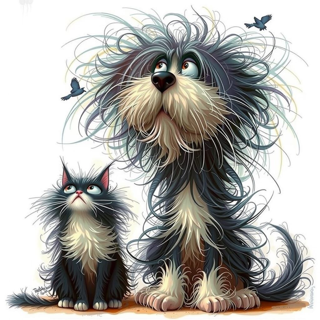 caricature d'un chat échevelé  et d'un grand chien qui louche blanc et noir qui se regarde  LOUFOQUE, un peu fou  assis ...