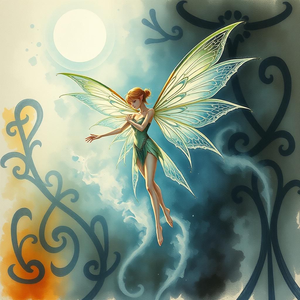 Anime Fairy Elf with Glowing Wings in Watercolor