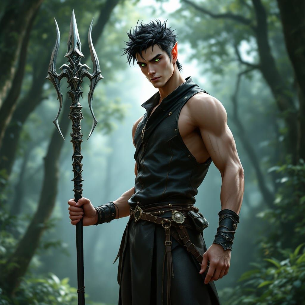 High Elf Warlock in Lush Forest, Anime Style