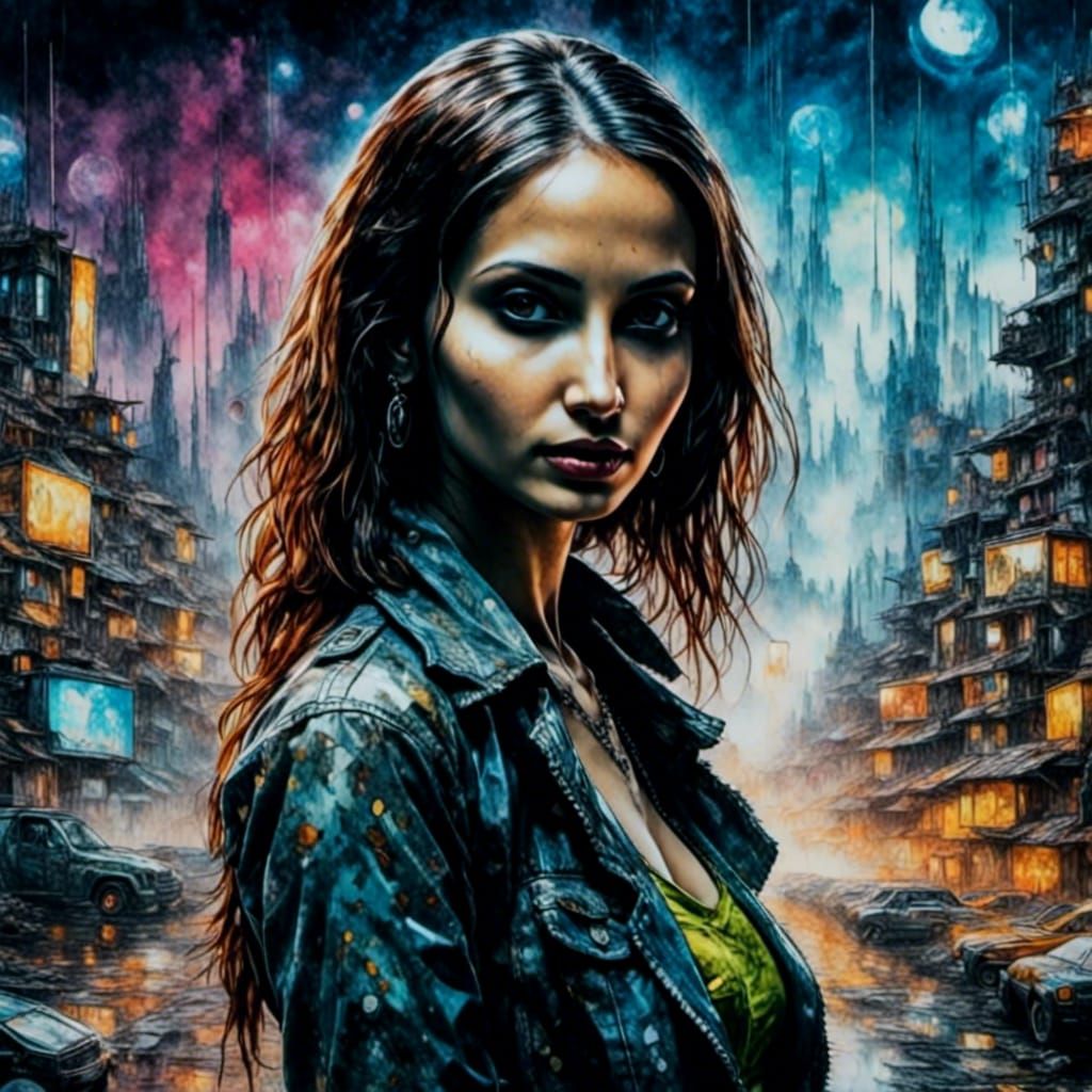 French Woman in Futuristic Cityscape: Oil Painting