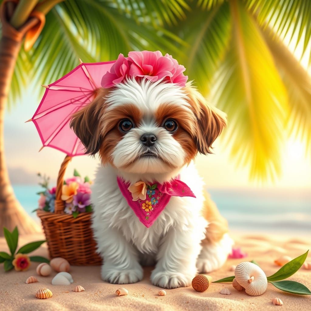 Surreal Tropical Beach Scene with a Cuddly Shih Tzu Puppy