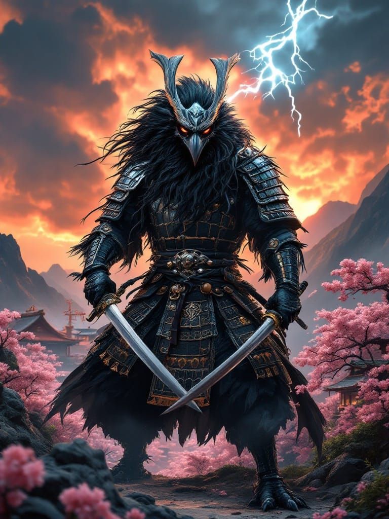 Majestic Raven Samurai in Sunset Landscape