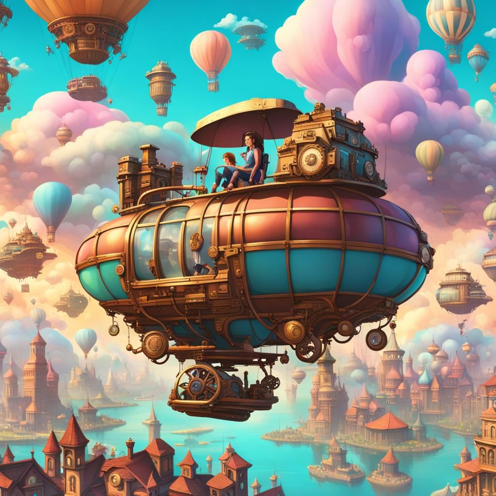 Steampunk Floating City with Blimps and Hoverboards