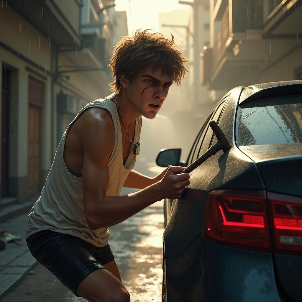 Rebellious Youth Breaking into a Small Car in a Fantastical...