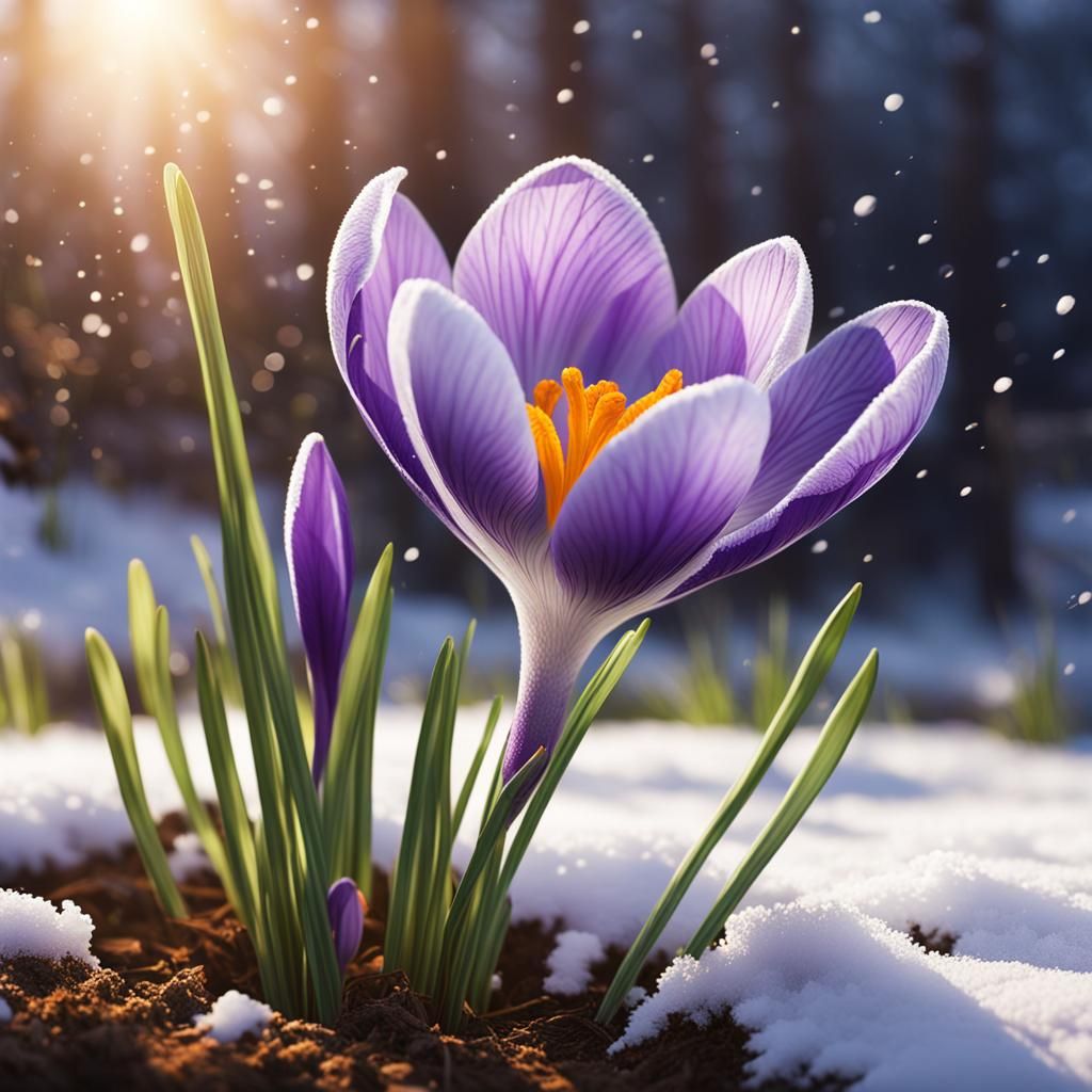 Crocus Flower Emerges in Springtime: Hyperrealistic Splash A...
