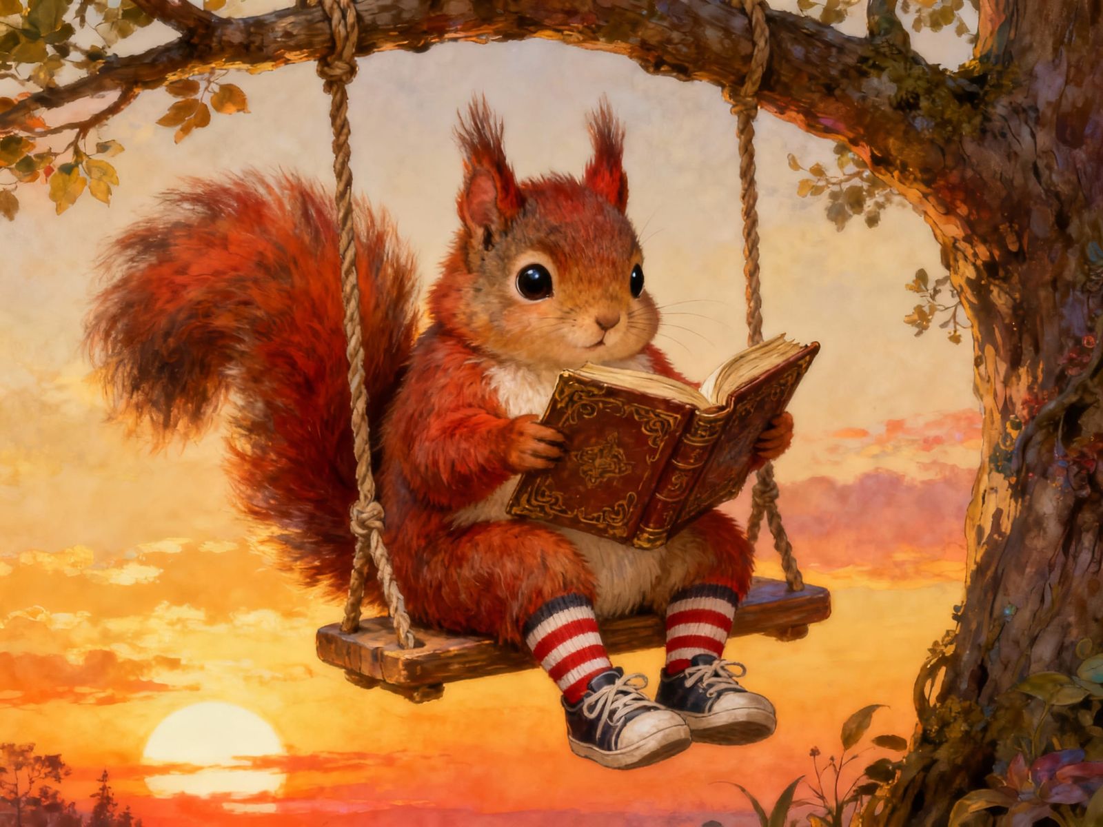 Baby Squirrel Reads Ancient Book on Swing at Sunset