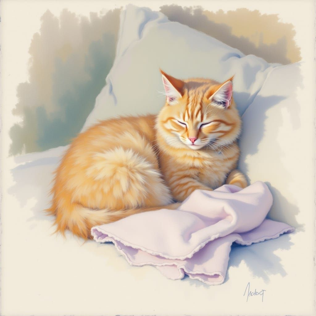 Fluffy Ginger Cat Sleeping Peacefully in Soft Pastel Style