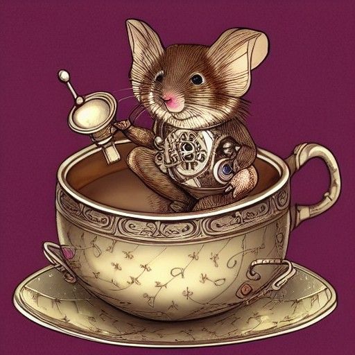 Steampunk Dormouse in Teacup: Intricate Storybook Illustrati...