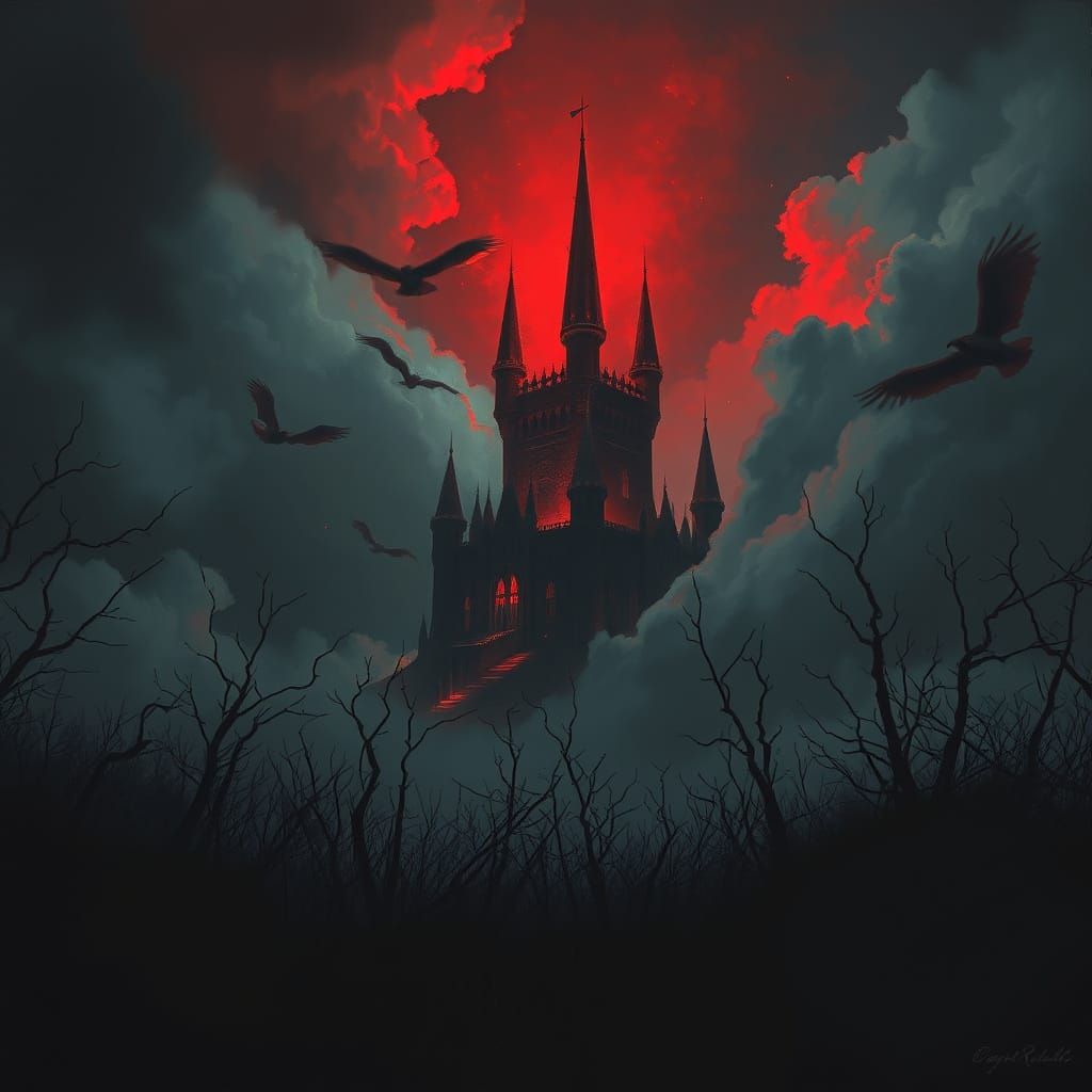 Glowing Medieval Castle Amidst Dark Clouds