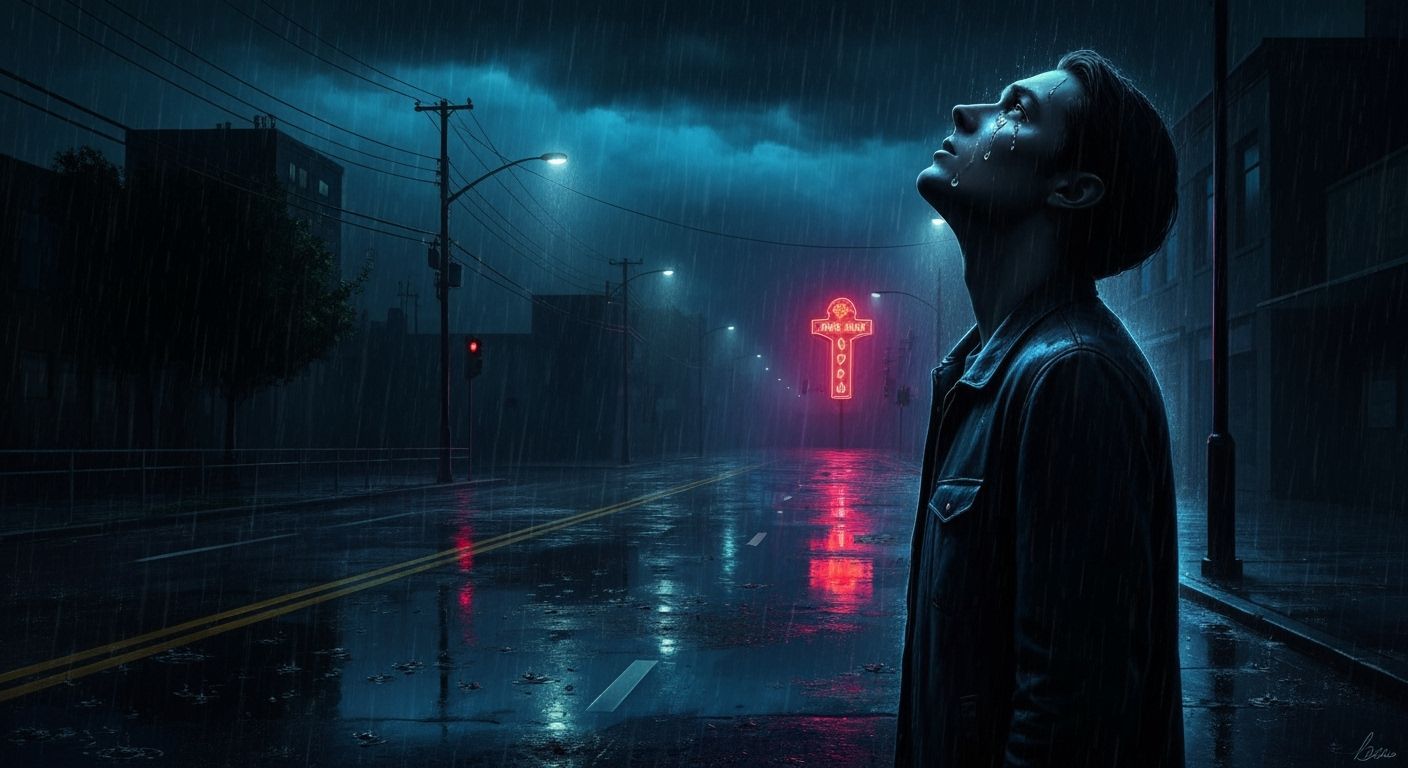 Melancholy Figure in Neon-Lit Rainy Cityscape