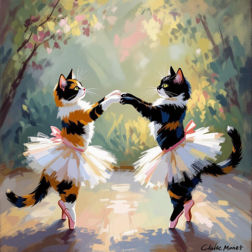 Tortoiseshell Cats Practice Ballet in Monet Style