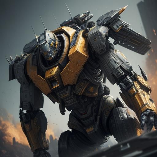 Hyperrealistic Intricate Mech Ground Level Shot in 8K