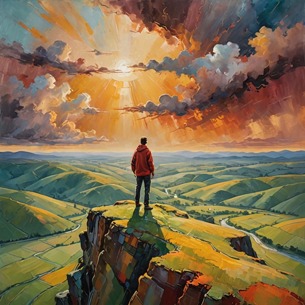 Abstract Expressionist Landscape with Figure on Cliff