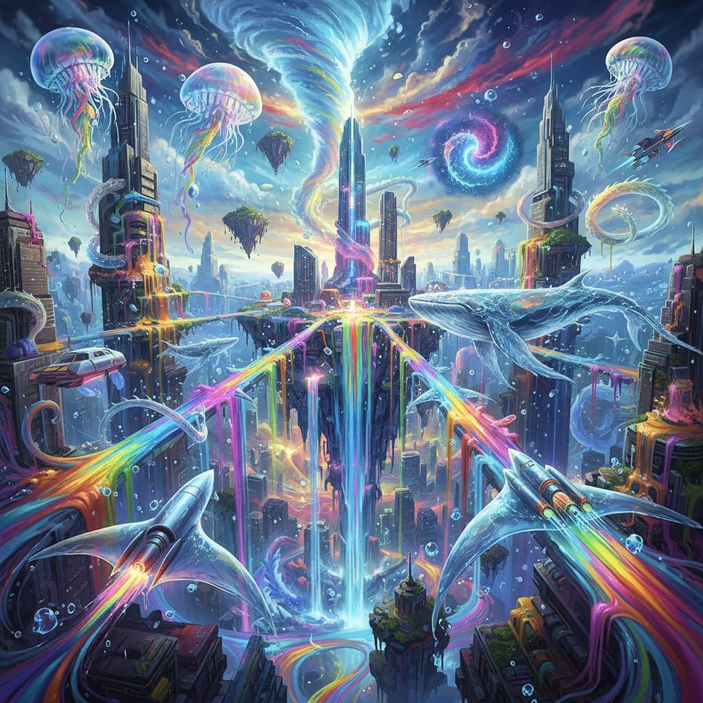 Surreal Floating City of Liquid Neon and Rainbow Fluids