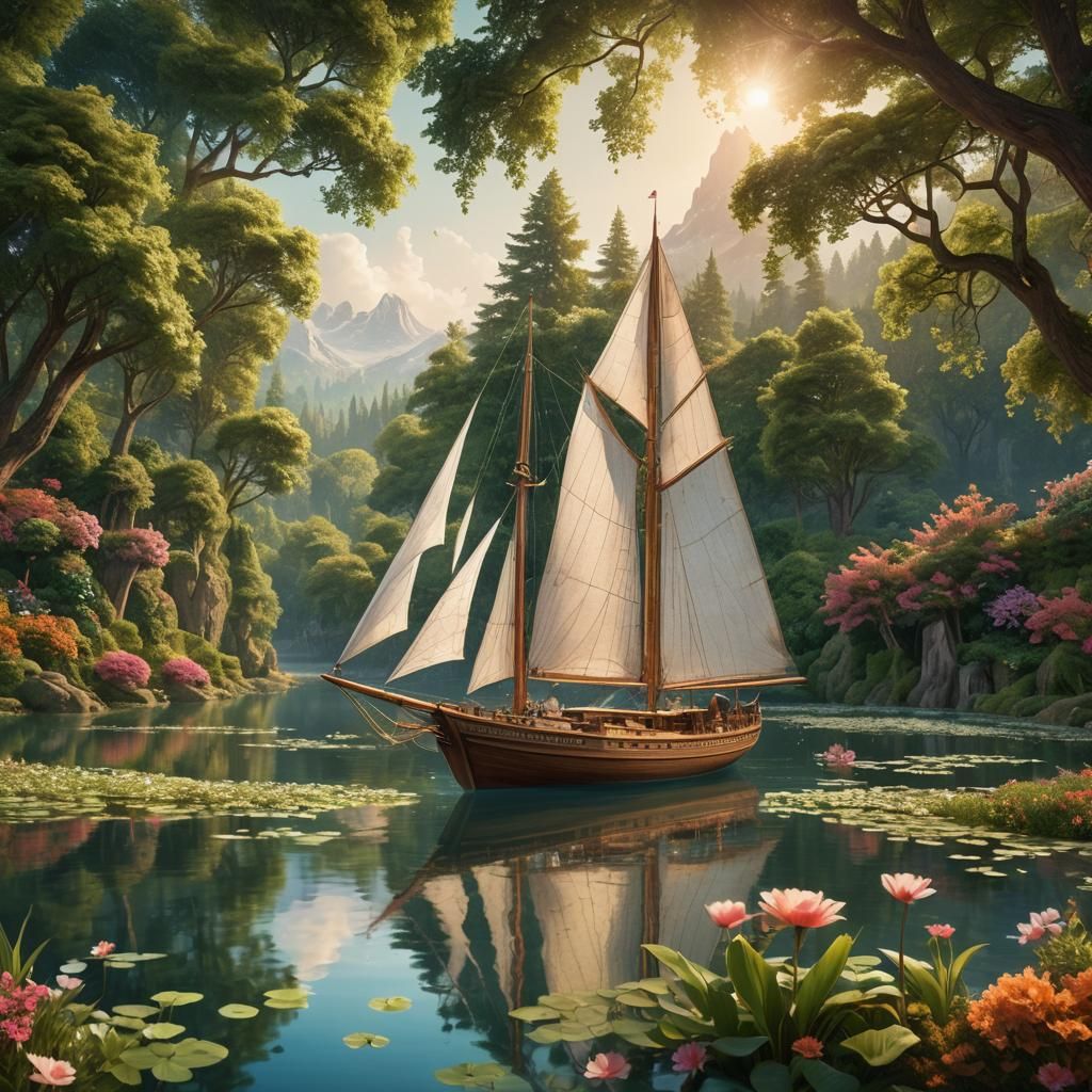 Majestic Sailboat on Serene Lake: Fantasy Concept Art