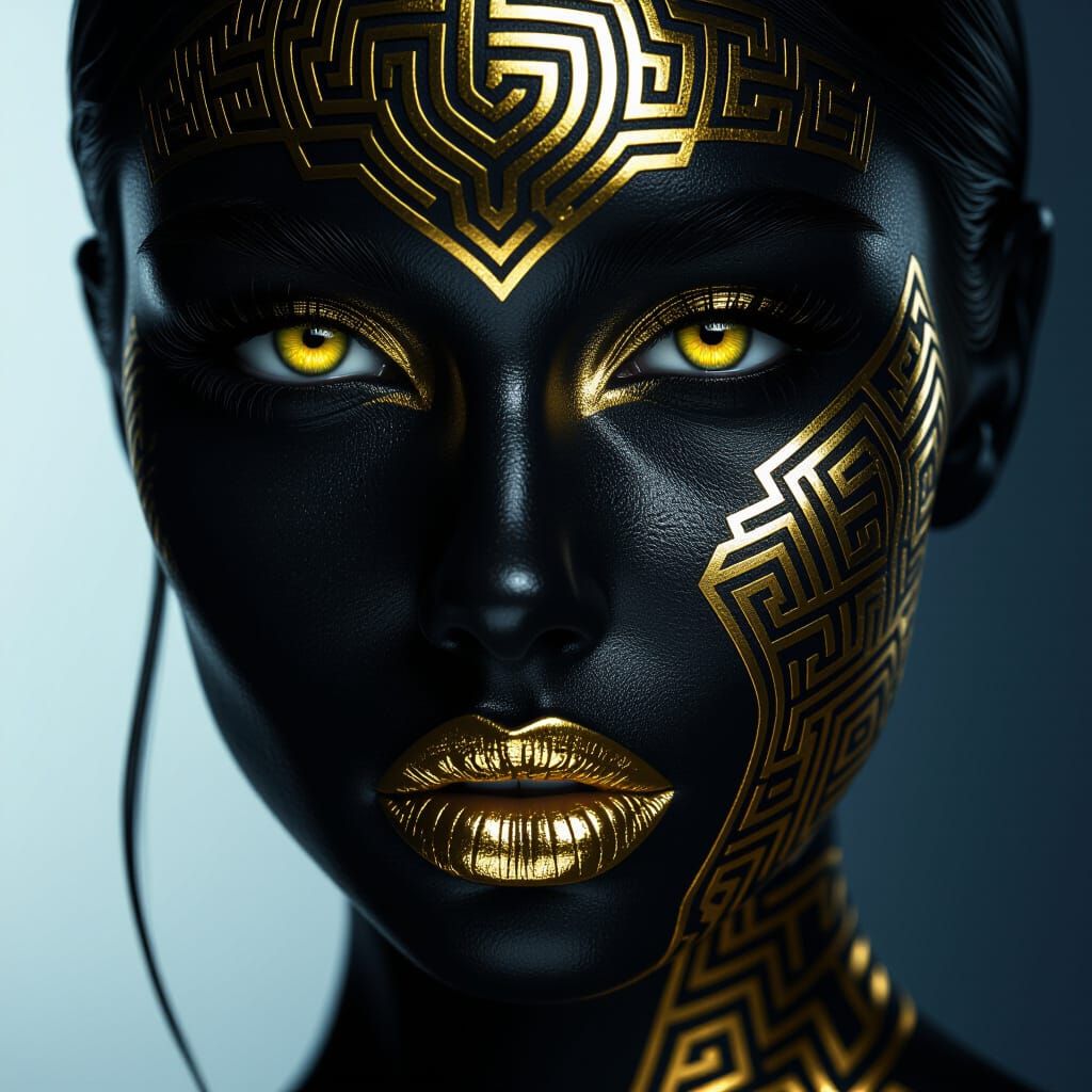 Obsidian Woman Portrait with Gold Tattoo and Yellow Eyes