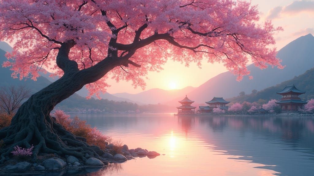 Sakura Tree at Sunset in Traditional Japanese Landscape
