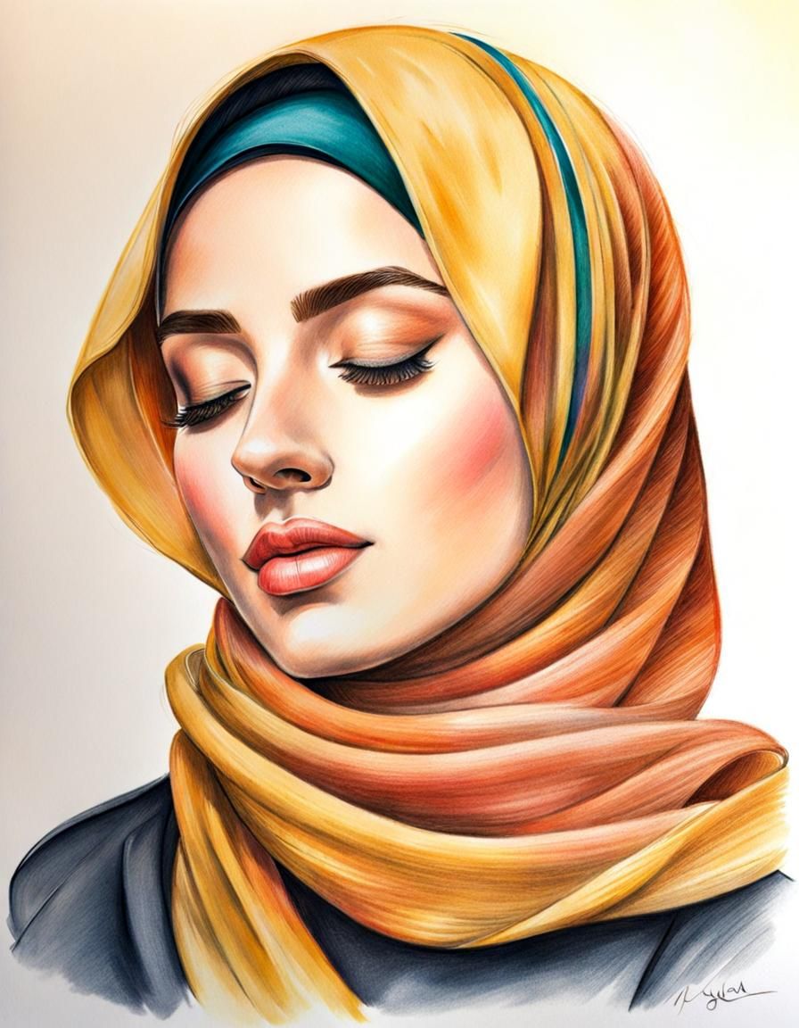 German Woman in Hijab: Colored Pencil Sketch