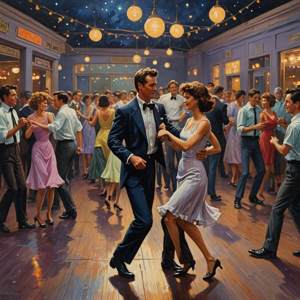 Romantic 80s Swing Dance Club at Dusk, Oil Painting