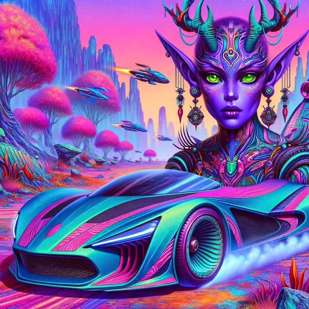 Psychedelic Alien with Polar Bear Supercar