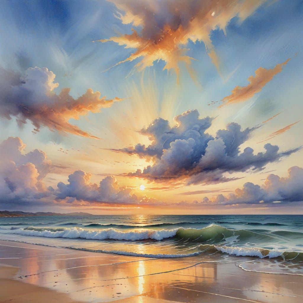 Watercolor Ocean at Daybreak with Pastel Sky