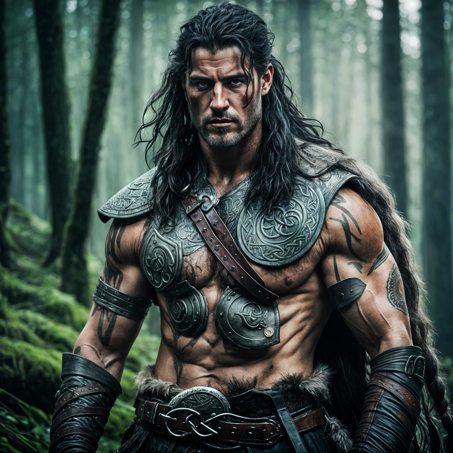 Celtic Barbarian Druid Heals Wounded Man: Cinematic Still