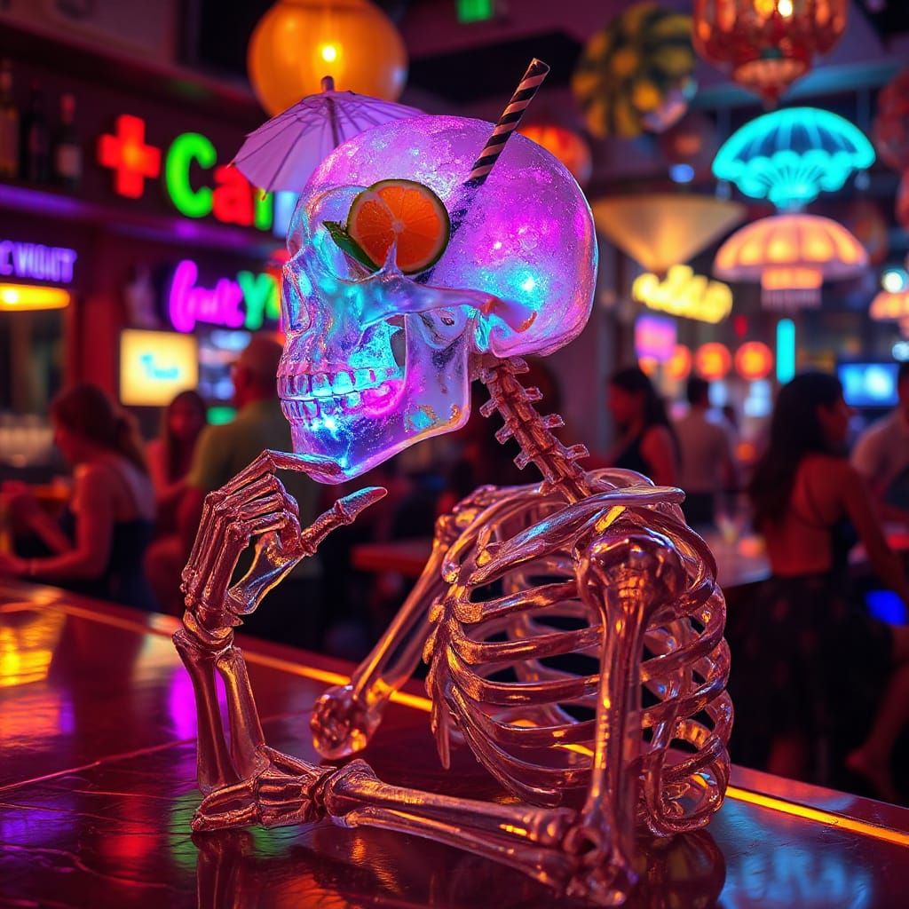 Crystal Skeleton Sips Glowing Cocktail in Neon Bar