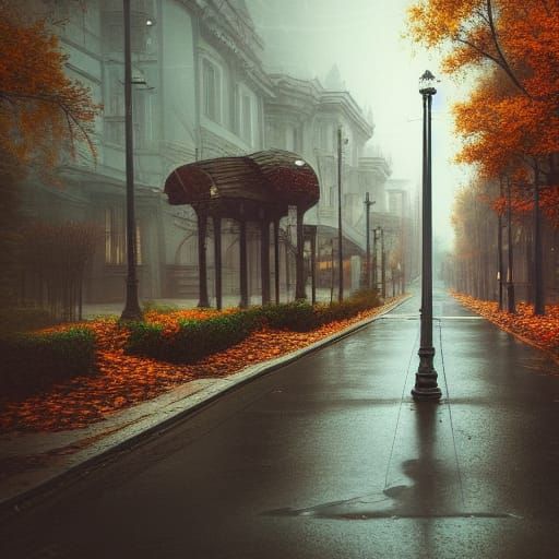 Rainy Autumn Street: A Cinematic Digital Painting