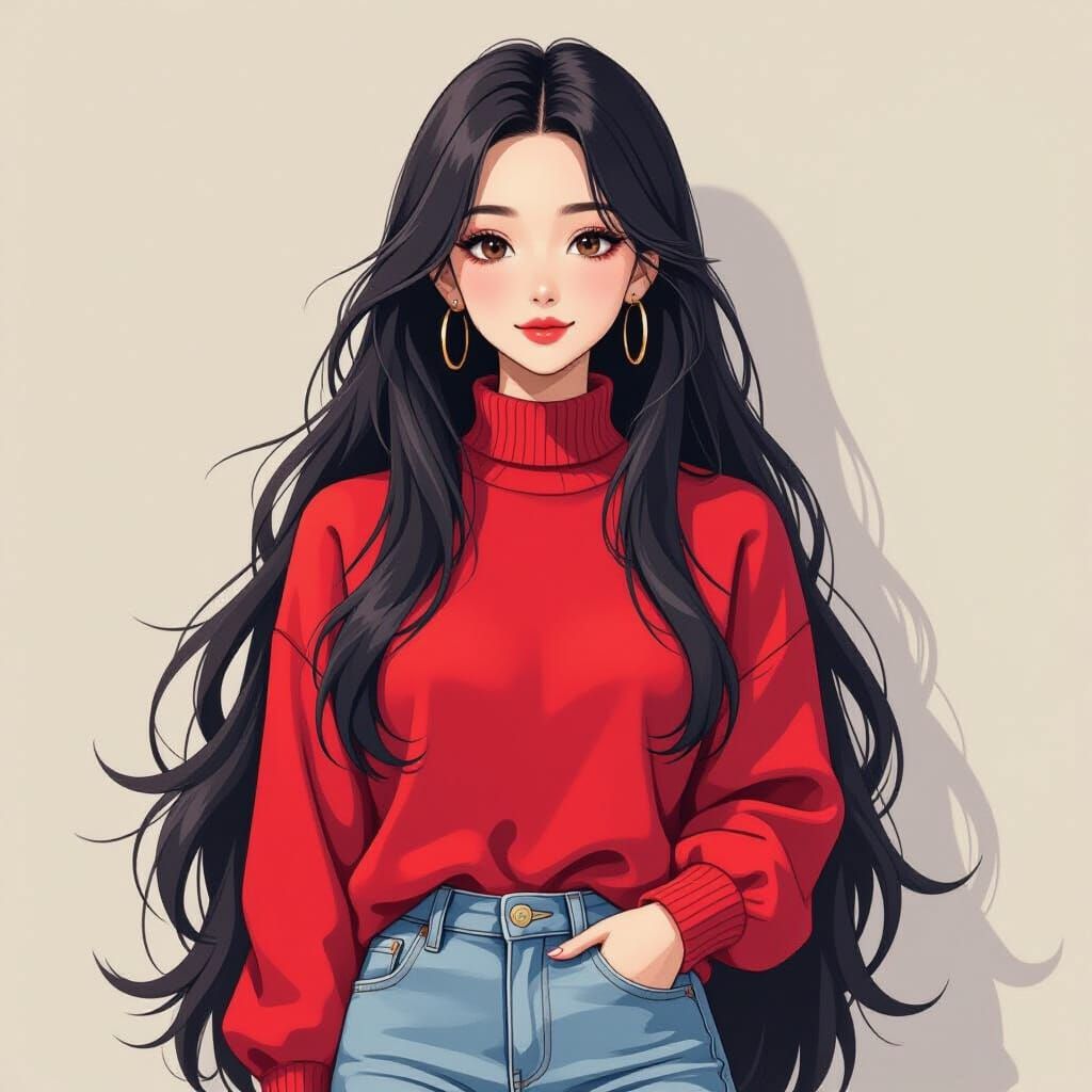 Woman with Black Hair and Enigmatic Smile in Pastel Red Swea...