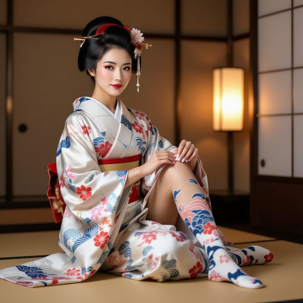 Futuristic Japanese Woman Adjusting Sock with Cultural Patte...