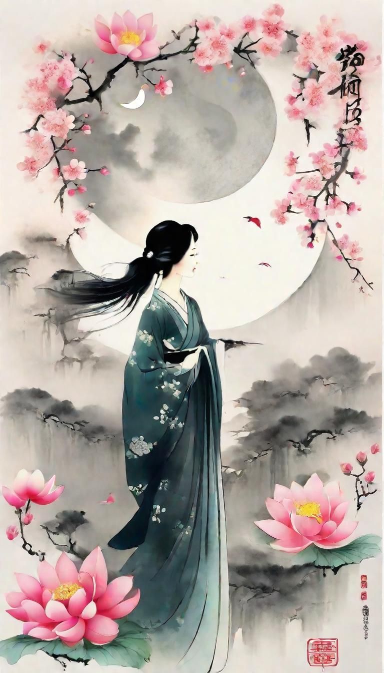 Woman with Lotus Flower: Chinese Ink Painting