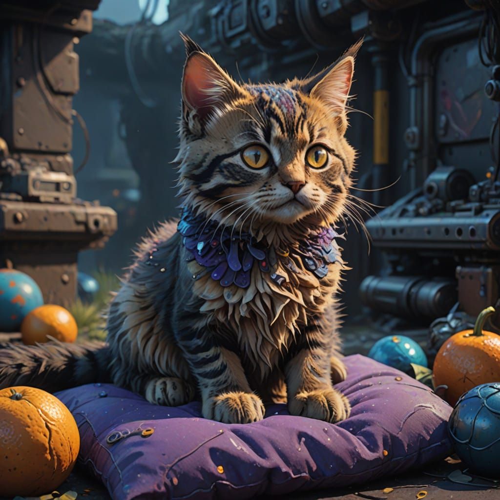 Whimsical Kitten on Velvet Cushion in Fantasy Style