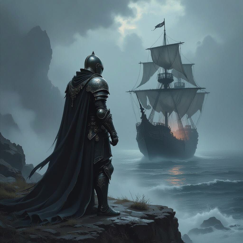 Knight on Cliff Overlooking Spectral Galleon in Dark Fantasy...