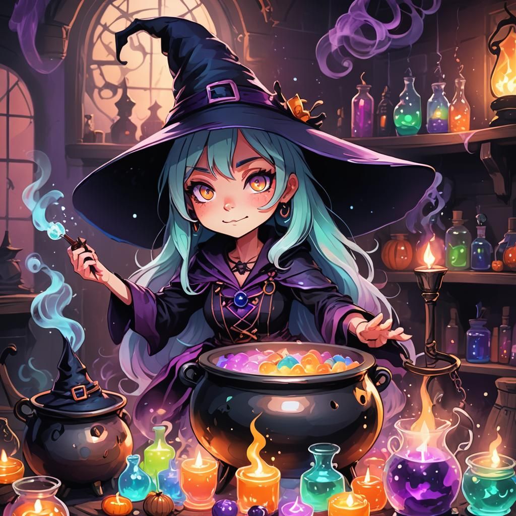 Chibi Spooky Witch in Cauldron-Filled Room