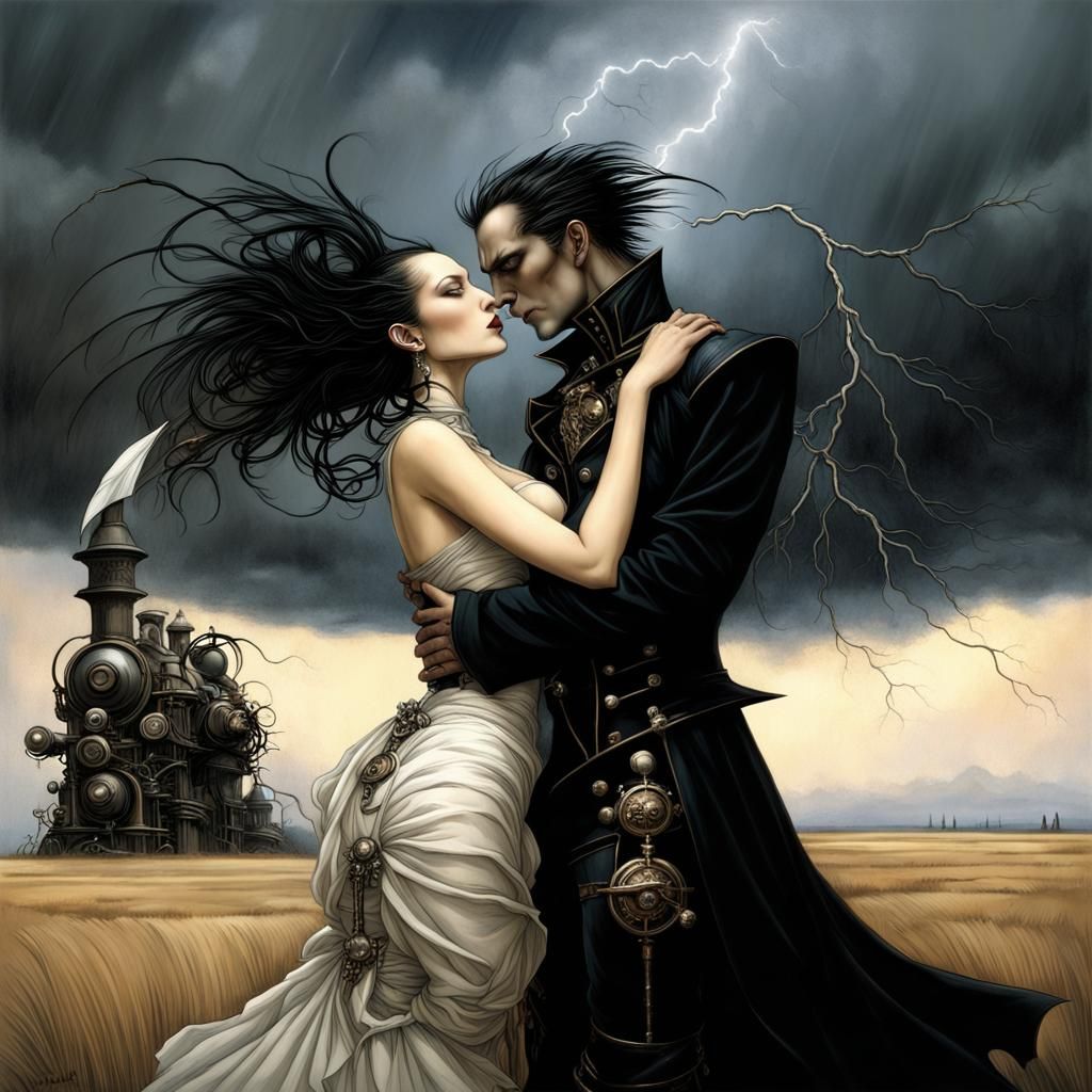 Gothic Couple Embrace During Thunderstorm, Surreal Steampunk...